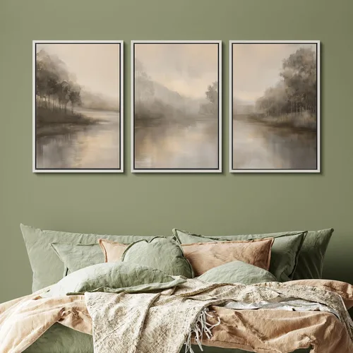 Vista 427 de SIGNFORD - Set de obras de arte en lienzo enmarcado para pared, ilustraciones abstractas de neblina del desierto en tonos neutros beige y marrón