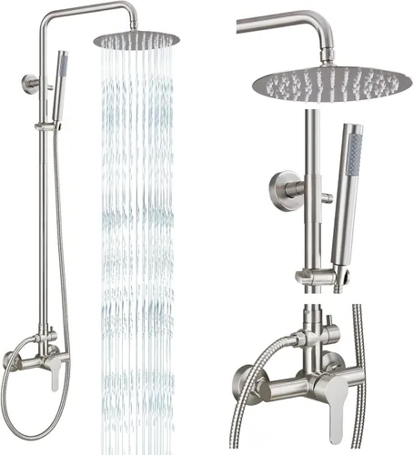 Vista 11 de gotonovo accesorios de ducha al aire libre SUS304 de acero inoxidable, kit de ducha de lluvia de alta presión, montaje en pared, 2 funciones Negro