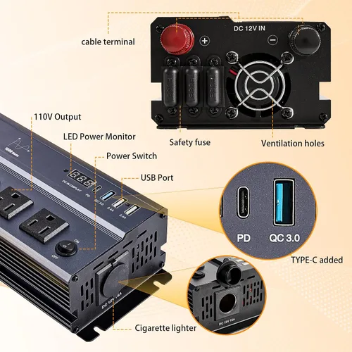 Vista 2 de Inversor de Onda Sinusoidal Pura de 1000W de 12V DC a 120V AC, Inversor de Corriente para Automóvil de 1000 Vatios 12 Voltios para Hogar, Camping