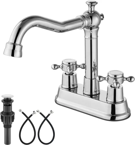 Vista 21 de Aolemi Juego central de 4 pulgadas, grifo vintage para lavabo de baño, 2 manijas cruzadas, lavabo para lavabo, 3 agujeros, incluye mangueras, grifo