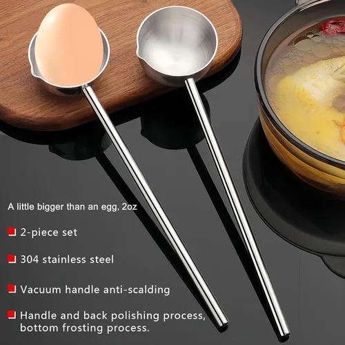 Vista 2 de Cucharón de sopa pequeño SUS304 de acero inoxidable con boquilla para verter 2 onzas, cucharones de salsa de mango largo, resistentes al calor