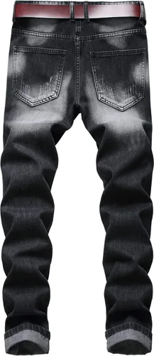 Vista 2 de LZNEV Jeans ajustados y elásticos para hombre, jeans rectos rasgados a la moda para hombre, pantalones de mezclilla lavados vintage