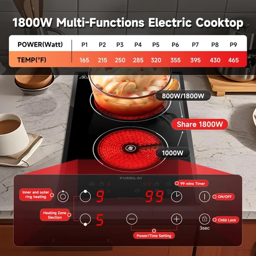 Vista 4 de Placa de cocina eléctrica de 2 quemadores, estufa de cerámica portátil con 9 niveles de potencia y temporizador, 1800 W 120 V, bloqueo de seguridad