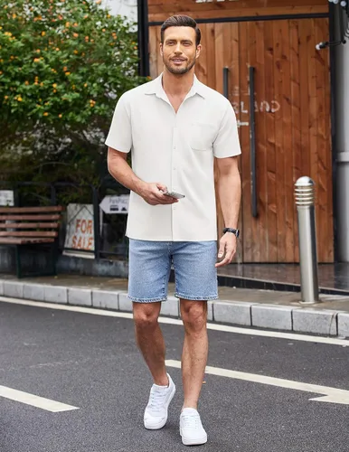 Vista 4 de COOFANDY Camisas casuales con botones para hombre, de manga corta, ajuste regular, sin pliegues, de punto, texturizadas