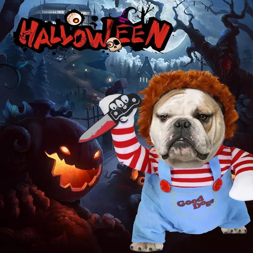 Vista 2 de GOYOSWA Disfraz de Halloween para perro, muñeca mortal para perro, disfraz divertido para perro, ropa de disfraz de Halloween para perros pequeños