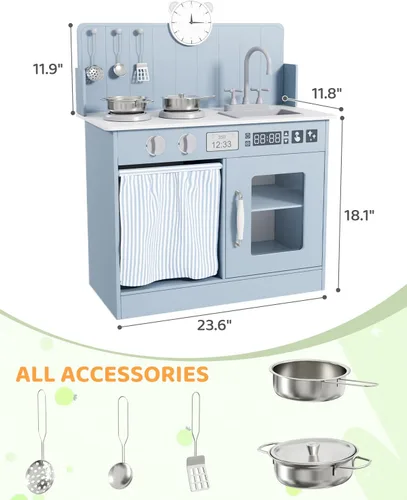 Vista 2 de MAMIZO Juego de cocina para niños pequeños, juego de cocina de juguete de madera para niños con almacenamiento inteligente, último interactivo, Azul