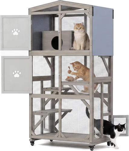 Vista 8 de Gowoodhut Catio grandes recintos para exteriores – Casa de madera para gatos resistente a la intemperie con múltiples plataformas y techo resistente