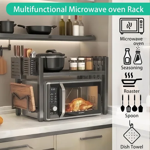 Vista 5 de Soporte de microondas para encimera, estante de microondas resistente con soporte para tablas de cortar, estante para cuchillos y soporte