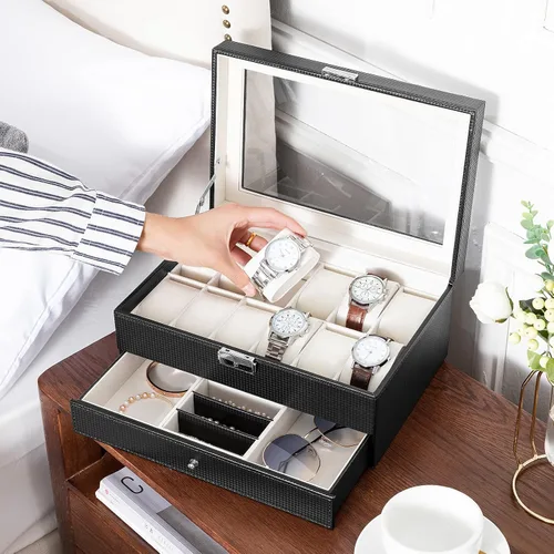 Vista 4 de Oyydecor Caja de reloj con 12 ranuras para relojes, organizador de joyas con cajón de joyas para almacenamiento y exhibición con cerradura (beige)