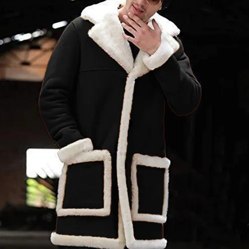 Vista 4 de Chaquetas casuales con forro polar Sherpa para hombre, con cuello de piel abrigada, gabardina larga, tallas grandes y altas con bolsillos