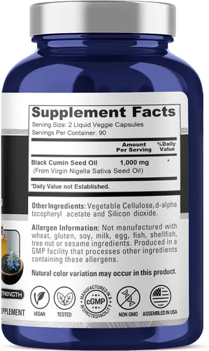 Vista 3 de NusaPure Aceite de semilla negra 1,000 mg por porción 180 cápsulas de cápsulas blandas (sin OMG, vegetariano) virgen prensado en frío Nigella