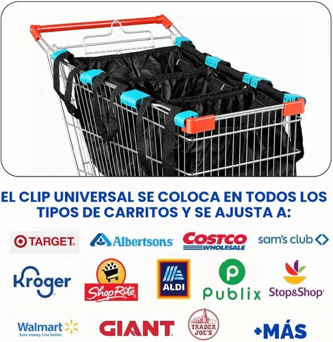 Vista 5 de Handy Sandy Carrito - Paquete de 3 bolsas de compras reutilizables con clips para carrito Juego de asas organizador de comestibles de alta