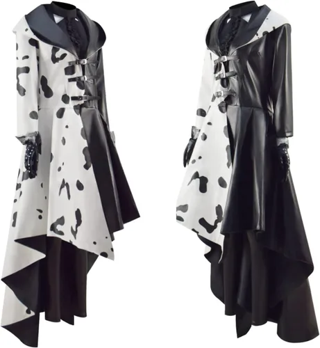 Vista 2 de SPCOSPLAY Cruella - Disfraz de Halloween con estampado de dálmata devilish de manga larga, abrigo y pantalones para mujer
