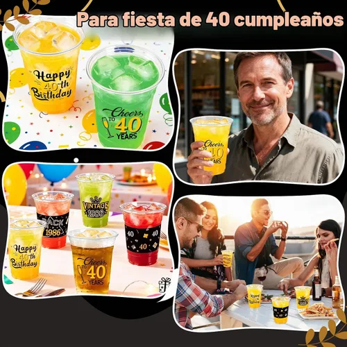 Vista 3 de 50 Piezas Vasos de Plástico para Fiesta de Cumpleaños 40 a Granel, 16 Oz Vasos de Beber Desechables de Plástico Transparente Negro Dorado