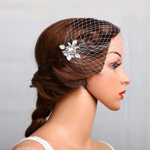 Vista 4 de Heread 1920s Crystal Bride Velo de jaula de pájaros para novia accesorios con peine para mujeres y niñas