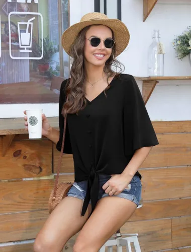 Vista 3 de AWULIFFAN Women's Casual V Neck Batwing Sleeve Tops Tie Front Chiffon Blouses Button Down Shirts