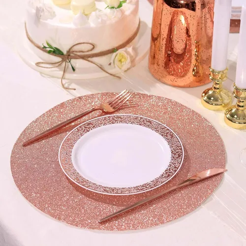 Vista 6 de Efavormart - Juego de 6 manteles individuales antideslizantes de piel sintética con purpurina, color rosa y dorado rosa para bodas, banquetes