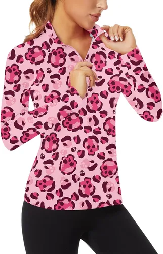 Vista 31 de WOWENY - Camiseta de manga larga con cremallera de 1/4 para mujer, con cuello, para hacer deporte, con estampado, para tenis Hoja multicolor.