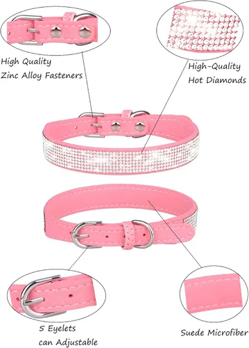 Vista 3 de Collar de perro para perros pequeños, collares ajustables de cuero de gamuza para perro, collar de perro rosa para gato, collar de perro