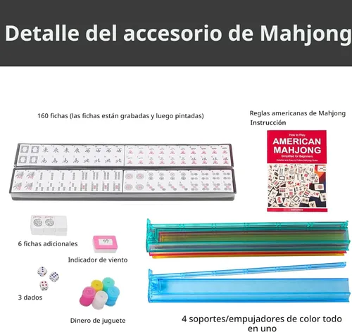 Vista 3 de Juego de Mahjong Americano GUSTARIA, 166 Azulejos Blancos Premium, 4 Estantes/Empujadores de Color Todo-en-Uno, Juego de Mahjong Completo con Bolsa