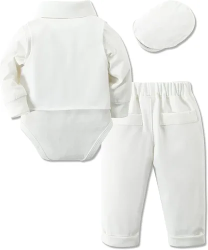 Vista 2 de SOLOYEE Ropa para bebé niño trajes de caballero para bebés, vestido de manga larga, pantalones con tirantes, corbatín, boina, sombrero de boina