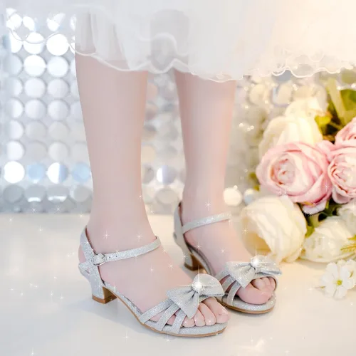 Vista 2 de Sandalias para niñas, zapatos de vestir para fiesta de boda, puntera abierta, tacones altos con purpurina para niños pequeños y grandes