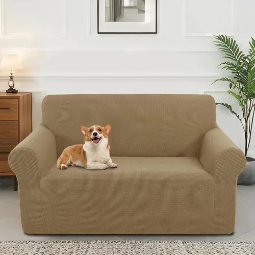 Vista 33 de Funda elástica para sofá, lavable, protector de muebles con espuma antideslizante y parte inferior elástica para niños, perros (sofá biplaza/beige)