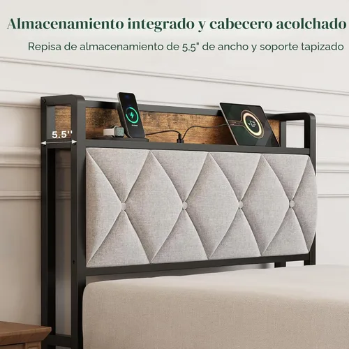 Vista 6 de Sweetcrispy Base de cama individual con cabecera tapizada, cabecera de almacenamiento con estación de carga USB, soporte de listones de metal