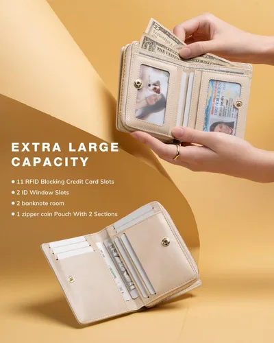 Vista 2 de Vulkitty Cartera pequeña para mujer, tarjetero de cuero plegable con bloqueo RFID y bolsillo para monedas, doble ventana de identificación
