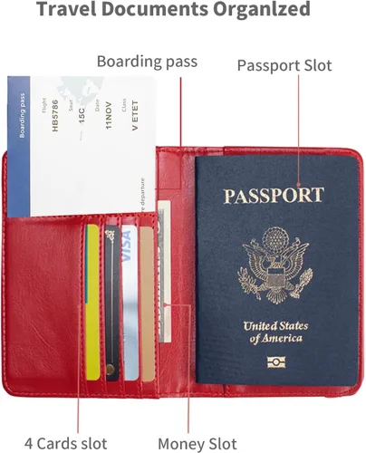 Vista 2 de Funda para pasaporte y ranura para tarjetero, con bloqueo RFID, cartera de piel para pasaporte de viaje para hombres y mujeres, protector de Rojo