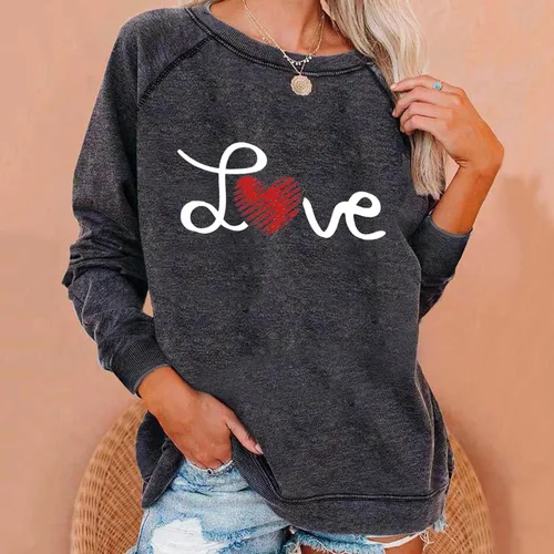 Vista 3 de Sudaderas de cuello redondo para mujer, a la moda, casual, suave, de manga larga, lindo estampado de amor, cómoda sudadera de ocio