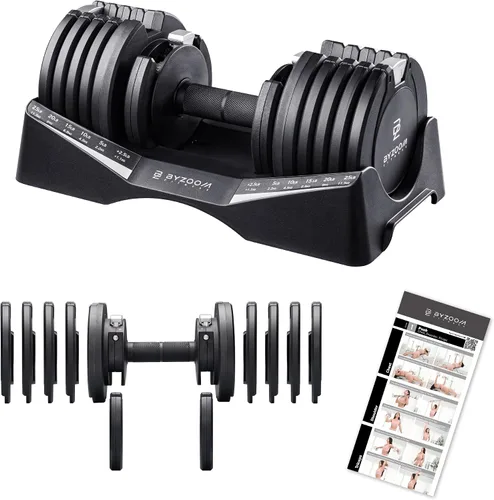 Vista 21 de ByZoom Fitness - Mancuerna ajustable de 12.5/25 libras – Unidad individual O juego de 2 – Peso ajustable 5-en-1 para gimnasio en casa, entrenamiento