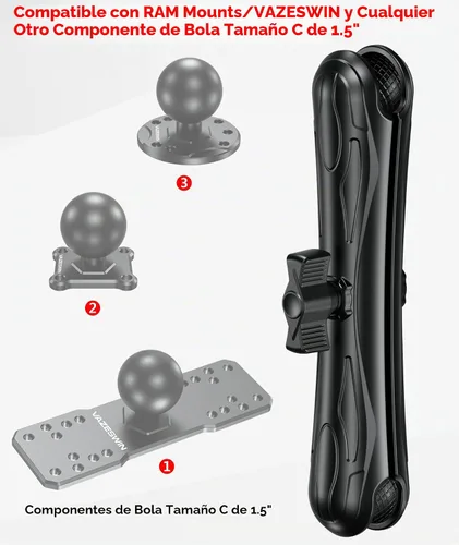 Vista 6 de VAZESWIN Brazo de doble enchufe de bola de 1.5 pulgadas, brazo largo de aleación de aluminio de 9.1 pulgadas, compatible con soportes RAM C tamaño C