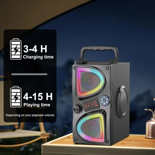 Vista 8 de Altavoz Bluetooth, 60W (Pico) Altavoces Inalámbricos Portátiles Pequeños para Fiestas en Casa con Doble Subwoofer de Graves Profundos, Radio, Luces