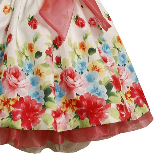 Vista 3 de Bonnie Jean Vestido Shantung con borde floral para niñas recién nacidas, para ocasiones especiales, fiesta social, Pascua, borde floralcoral, 3-6