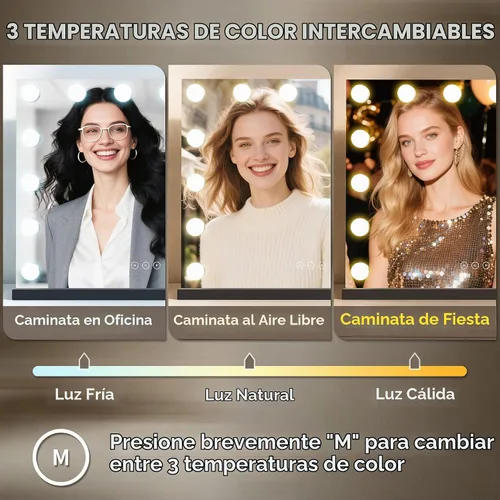 Vista 2 de Espejo de tocador con luces, espejo de maquillaje iluminado con bombillas LED regulables, 3 modos de iluminación de color, puerto de carga USB, Negro
