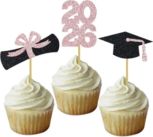 Vista 32 de Decoración para cupcakes de graduación, decoración de fiesta de graduación, selecciones de alimentos, felicitaciones, tapa de diploma con purpurina