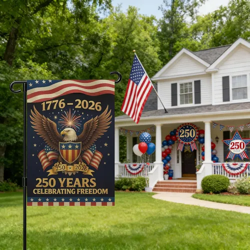 Vista 2 de Banderas de jardín con el 250 aniversario de Estados Unidos para exteriores, bandera de Estados Unidos del 250 aniversario 1776-2026, letrero