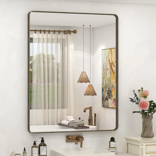 Vista 135 de Paquete de 2 espejos de baño con marco de metal negro de 22 x 30 pulgadas, espejo rectangular redondeado negro mate, antioxidante, se cuelga