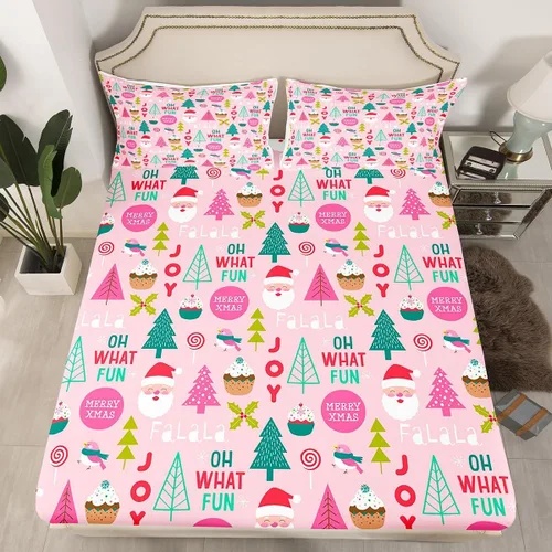 Vista 11 de Juego de sábanas con diseño de Papá Noel y muñeco de nieve para niños, niñas y niños, de temática navideña, juego de cama con diseño de árbol