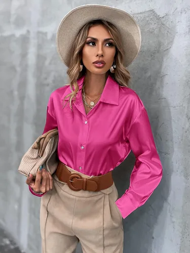 Vista 3 de SheIn Blusa de satén de manga larga con hombros caídos y botones frontales para mujer