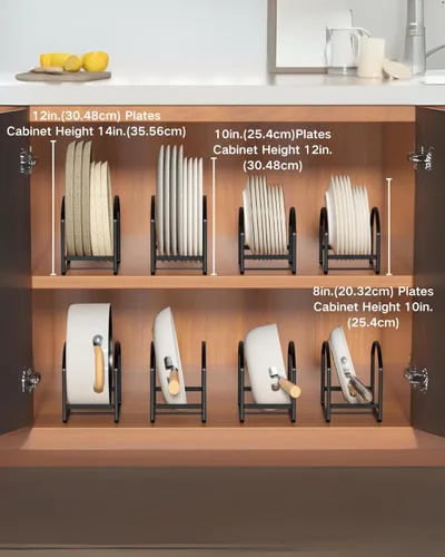 Vista 7 de LINFIDITE Paquete de 2 soportes organizadores de platos de cocina para gabinete, ahorrador de espacio, estante de almacenamiento de platos Negro