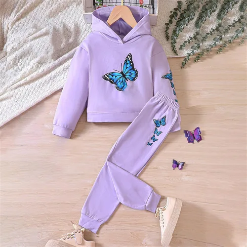 Vista 7 de TBUIALL Ropa para niñas pequeñas, conjunto de pantalones con capucha de manga larga con estampado de mariposas para 1 adolescente