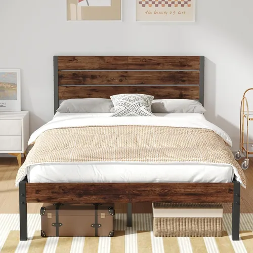 Vista 6 de Fluest Base de cama con cabecera y estribo, con almacenamiento debajo de la cama, sistema de soporte totalmente metálico, no necesita somier, fácil