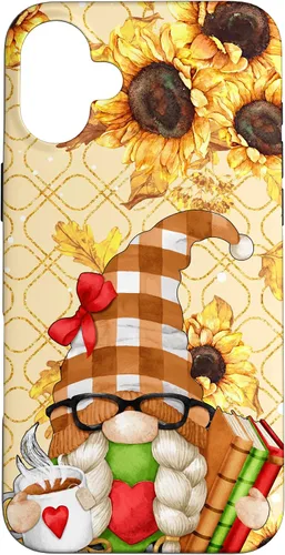 Vista 23 de Sunflower Gnome with Books for Tea Lover Librarian Reading Case for iPhone 16
