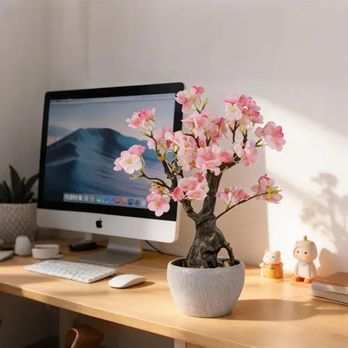 Vista 3 de KAIRNE Maceta floral de cerezo rosa artificial, 15.7 pulgadas de alto, plantas falsas de bonsái, plantas de imitación de flores, ramas decorativas