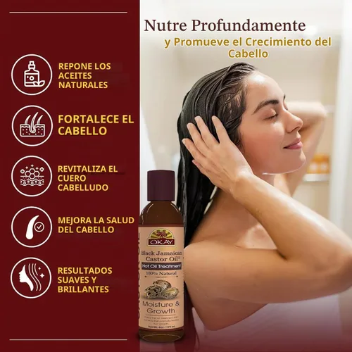 Vista 2 de OKAY Aceite caliente de ricino jamaicano negro 100% natural, aceite de ricino para cabello encrespado seco dañado, mezcla de terapia pura con jojoba