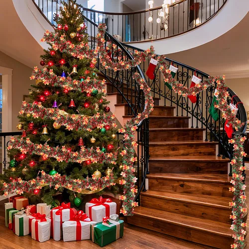 Vista 4 de Guirnalda de oropel de Navidad de 50 pies con adorno de hombre de jengibre, guirnalda metálica brillante roja y verde para árbol de Navidad, hogar