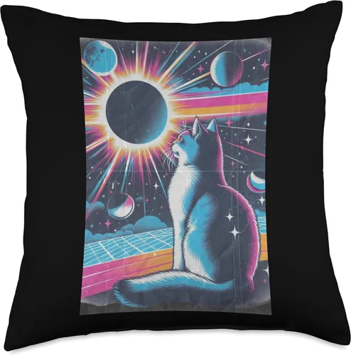 Vista 4 de Cat Solar Eclipse - Synthwave Retro Poster Style Throw Pillow