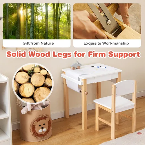 Vista 7 de Costzon Juego de mesa y silla para niños, mesa de arte con rollo de papel, cajón, 2 rotuladores, mesa de actividades de madera, adecuada para sala